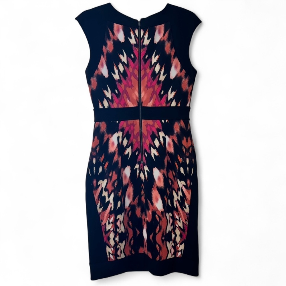 Maggy London Dress Size 8 Abstract Multicolor Sheath Cut Knee Length Cap Sleeve - Picture 2 of 7